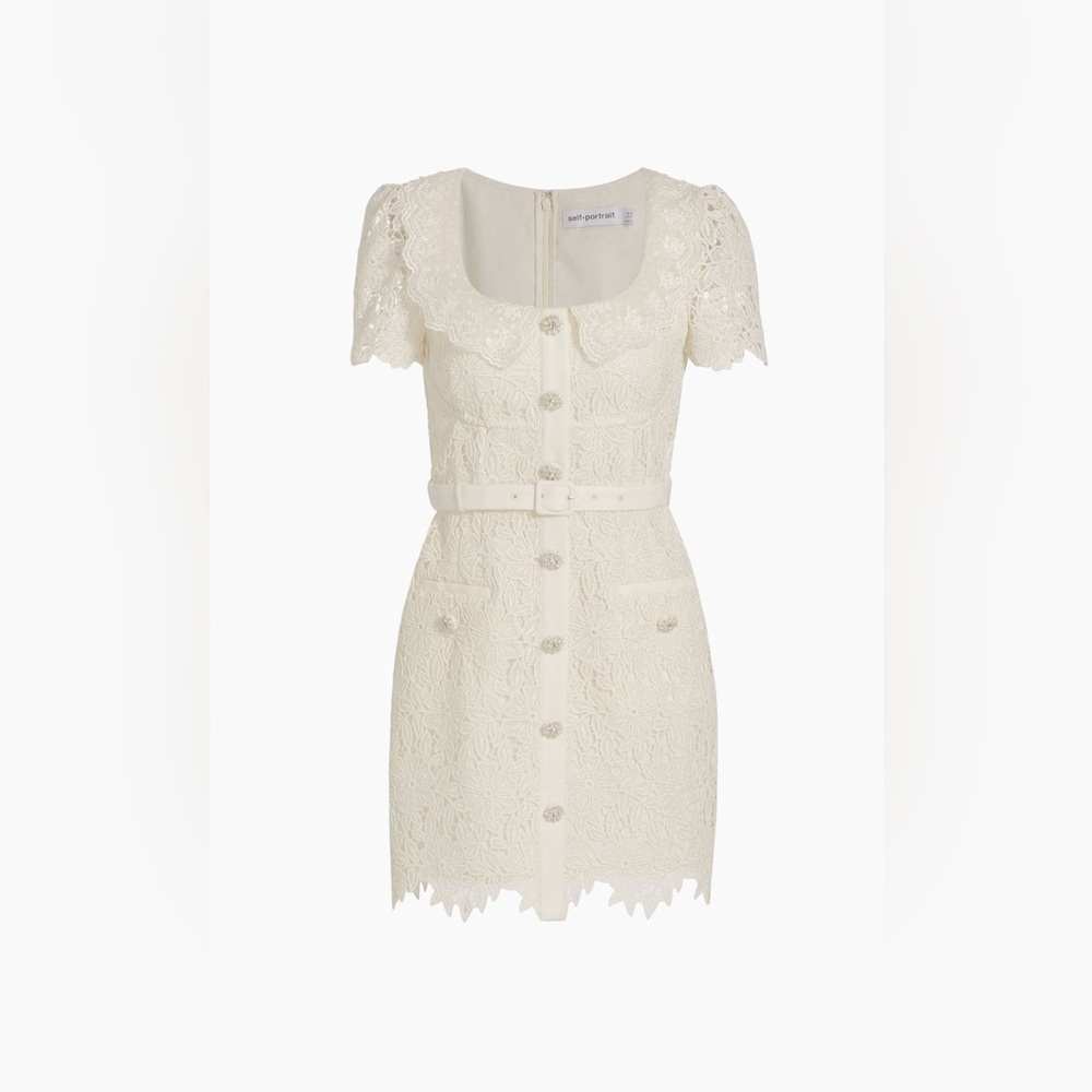 Self Portrait Guipure Lace Belted Minidress - Ivory - Size 8, worn once